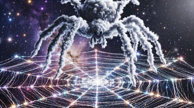 Cloud spider creating a glowing web in deep space against a vibrant cosmic nebula background.