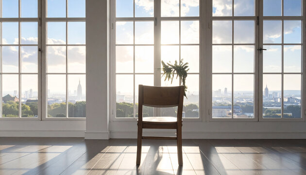 Wooden chair in front of large windows with cityscape backdrop and sunlight