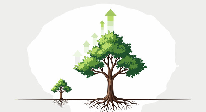 Two trees, one small and one large with visible roots, symbolizing growth and development, with upward arrows indicating progress and success.