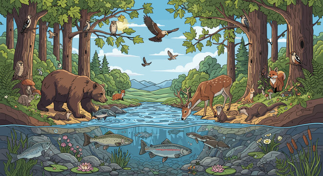 A vibrant cross-section of a forest river ecosystem teeming with diverse wildlife above and below the water's surface, showcasing a rich natural habitat.