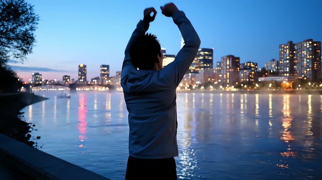 Back View of Runner Stretching by the River at Blue Hour Cityscape