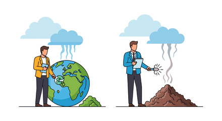 Man observing Earth's climate and a volcano erupting under stormy clouds, illustrating environmental science and natural phenomena. © Warung