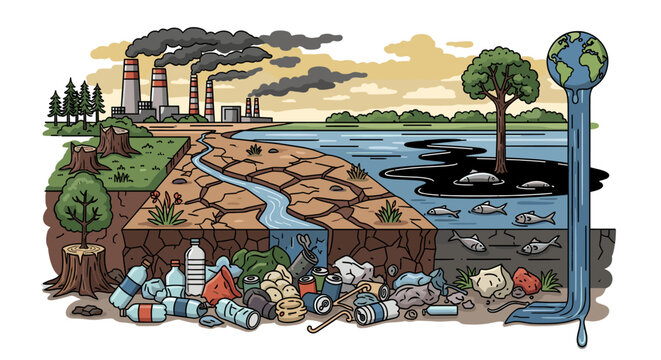 Environmental degradation illustrated: industrial pollution, deforestation, drought, water contamination, and plastic waste impacting ecosystems and aquatic life.