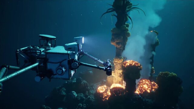 Underwater exploration robot investigates deep sea hydrothermal vent emitting glowing hot mineral deposits and smoke in dark ocean depths environment