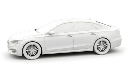 Obraz premium A white sedan car is parked on a clean surface in a controlled environment.