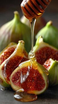 Vibrant ruby red fresh figs are beautifully enhanced by a luscious stream of golden honey, presenting a delightful and naturally sweet culinary indulgence