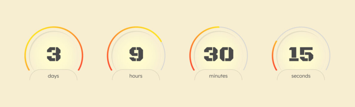 Hot sales red gradient circular countdown timer set. Circle progress bars isolated. Progress indicators for light theme. Modern UI style. Time tracking collection. Timekeeping interface