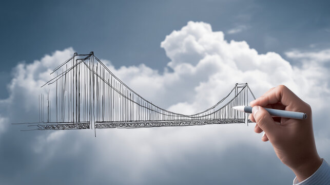 Hand drawing a suspension bridge concept in the sky with clouds representing engineering planning and creative design process ideal for architecture and innovation themes