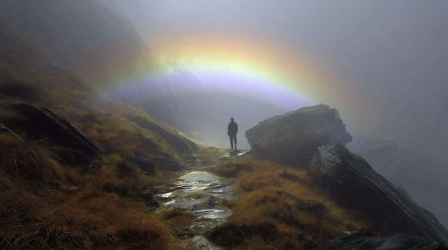 Lonely hiker standing on mountain path under rainbow in foggy landscape representing adventure solitude and nature exploration ideal for travel inspiration and outdoor concepts
