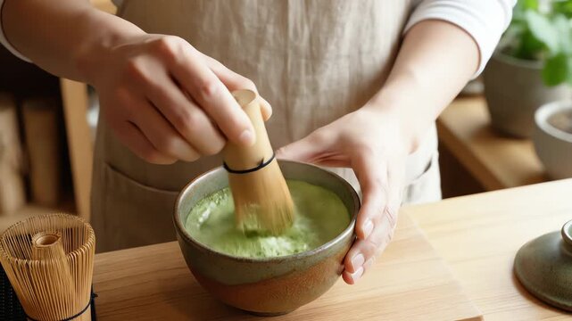Headless Shot of Person Preparing Matcha Tea in Minimalist Cafe