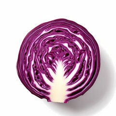 Fototapeta premium Fresh organic raw red cabbage half slice with vibrant purple leaf texture isolated on white background for healthy vegetarian diet nutrition