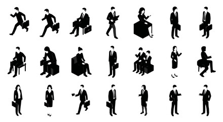 Fototapeta premium isometric black silhouette people vector set of business men and women in various corporate office poses.