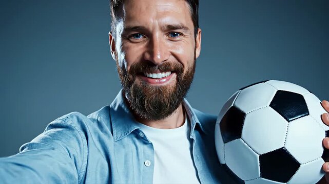 Smiling man holding a soccer ball.