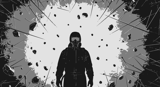 a person in a gas mask endures a chaotic explosion of debris symbolizing disaster and survival in a post-apocalyptic world
