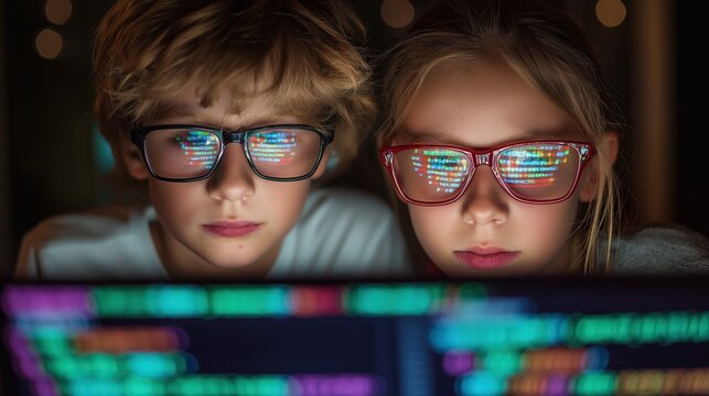 Two children wearing glasses intently look at a computer screen reflecting colorful programming code in a dimly lit room.
