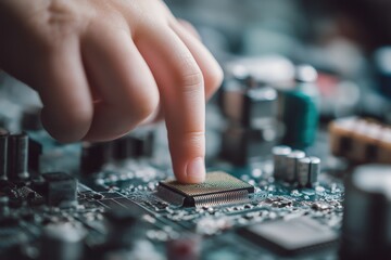 Naklejka premium A close-up of a finger touching a microchip on an electronic circuit board, highlighting technology and precision.