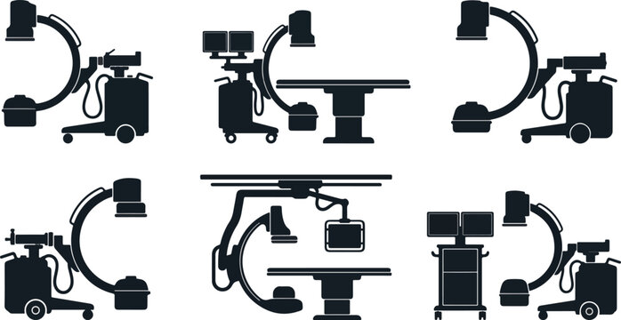 Set of 6 Neat and Clean Medical C-Arm X-Ray Machine Silhouettes on White Background for Advanced Diagnostic Imaging and Surgical Radiology Equipment 2026