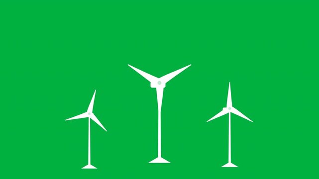 A minimalist illustration of three wind turbines against a vibrant green background, symbolizing renewable energy