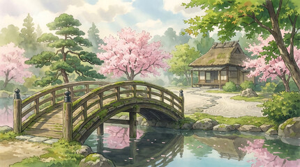 Fototapeta premium Traditional Japanese garden bridge with pink cherry blossoms and misty mountains Generative AI