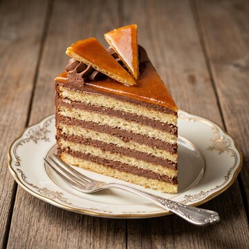 Hungarian Dobos Torte: Seven-layer sponge cake layered with chocolate buttercream and topped with hard caramel wedges, served on a vintage porcelain plate with a silver fork, elegant soft lighting, si