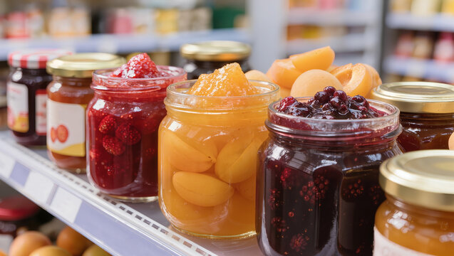 Assorted open glass jars of fruit jam and preserves on a store shelf. Close-up of strawberry, apricot, and berry marmalade with fresh fruit pieces. Sweet dessert and food retail