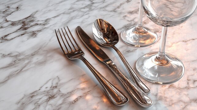 A beautifully set table with silverware and wine glasses on a marble surface