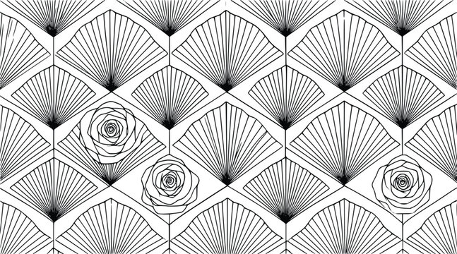 Seamless vector graphic pattern illustration featuring art deco fan shapes and delicate rose floral elements in a repeating monochrome design