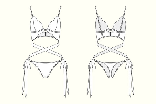 Women's Elegant Lace Panel Cut-Out Wrap Bikini Set Fashion Flat Sketch 