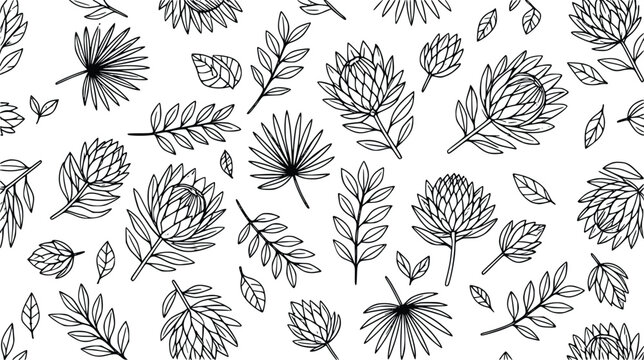 Botanical seamless pattern with outline protea flowers and tropical palm leaves vector illustration for wrapping paper fabric wallpaper textile or decorative surface background design