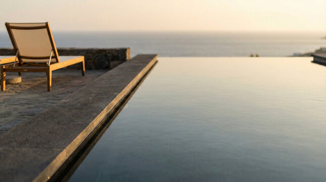 Minimalist infinity pool overlooking the sea and bathed in soft sunset light. A scene of luxury and tranquility. Premium vacation concept.