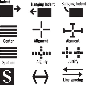 Typography, text alignment, and spacing icons, 12 vector graphics, black and white