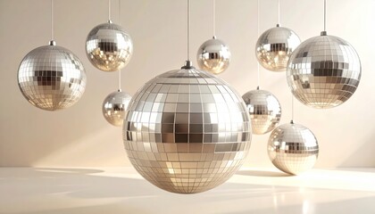 Fototapeta premium Shiny, mirrored spheres suspended against a neutral background
