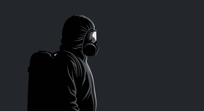 person in protective hazmat suit with a gas mask standing against a dark background representing concepts of safety and crisis prevention.