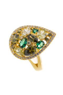 Luxury gold ring with emerald gemstones and diamond halo on white background. Elegant ring with faceted green stones and sparkling diamonds for fine jewelry