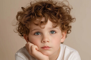 Naklejka premium Close Up Young Boy Curly Brown Hair Blue Eyes Resting Chin on Hand Innocent Portrait Studio Photography