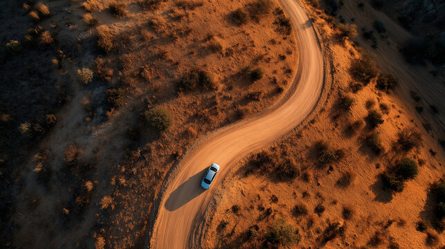 Drone Shot Single Car Navigating Winding Dirt Road Arid Orange Desert Landscape Aerial View Adventure Travel Photo