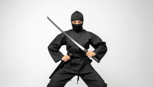 Female ninja portrait isolated on white background
