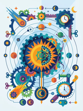Sun gear and astronomical tools, mechanical flat art, blue and orange, timekeeping concept