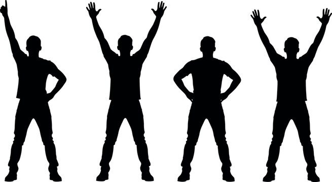 Silhouette of a man in various celebratory poses with arms raised up and hands on hips for success and victory.
