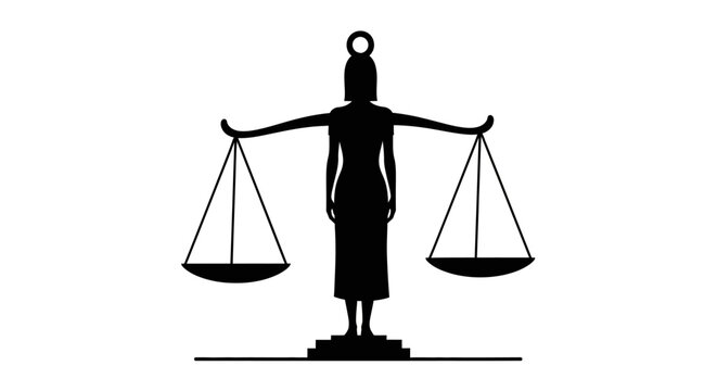 Silhouette of Lady Justice holding scales of balance icon.