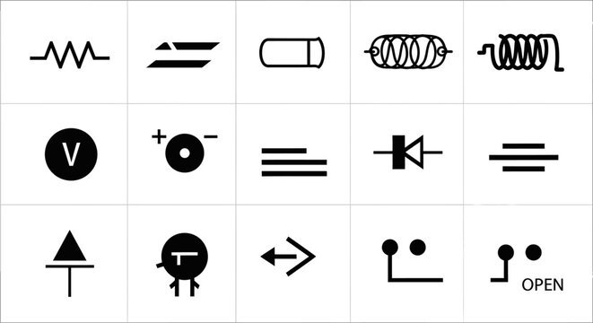 Essential electronic circuit symbols set: resistor, capacitor, inductor, diode, switch. Engineering, electricity, and technology icons.