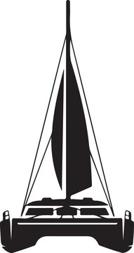 Minimalist catamaran sailboat silhouette, black and white sailing yacht vector icon, nautical vessel front view for marine branding and travel logos
