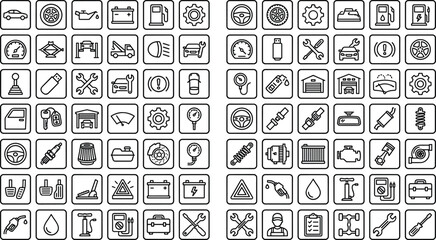 Automotive Service and Car Maintenance Line Icon Set Featuring Repair Tools, Parts, Diagnostics, Garage Equipment, and Vehicle Service Symbols for Auto Industry Design © AKTAR