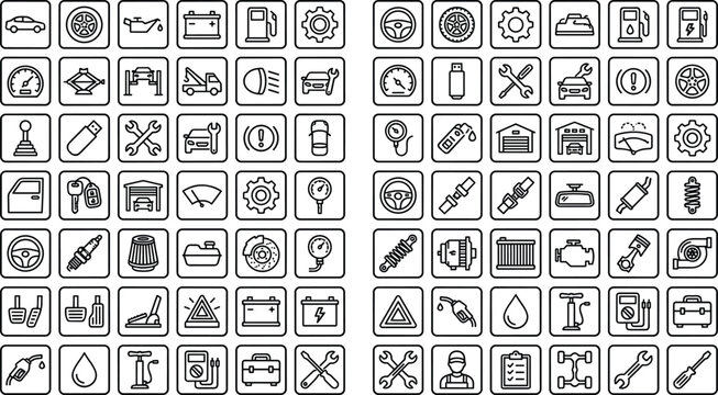 Automotive Service and Car Maintenance Line Icon Set Featuring Repair Tools, Parts, Diagnostics, Garage Equipment, and Vehicle Service Symbols for Auto Industry Design