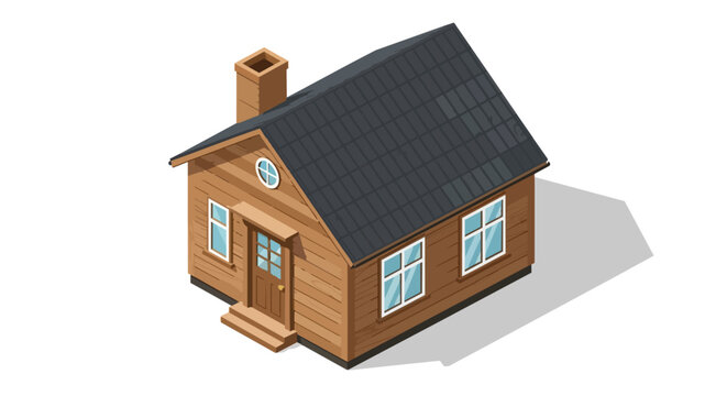 Isometric Small Wooden Cabin House Illustration Vector, 3D Timber Cottage with Chimney and Windows Isolated on White Background