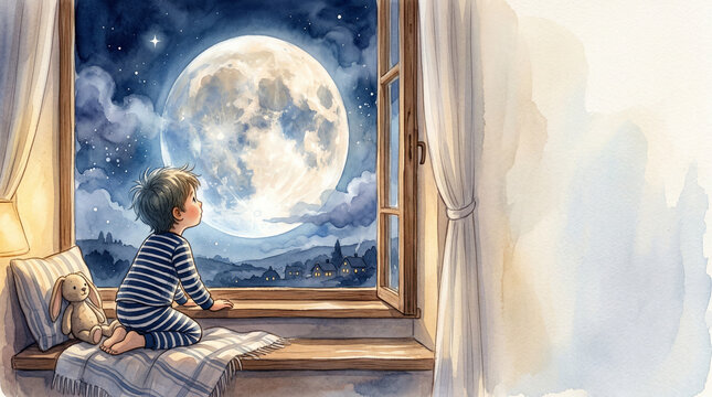 Whimsical moon and child watching lunar eclipse