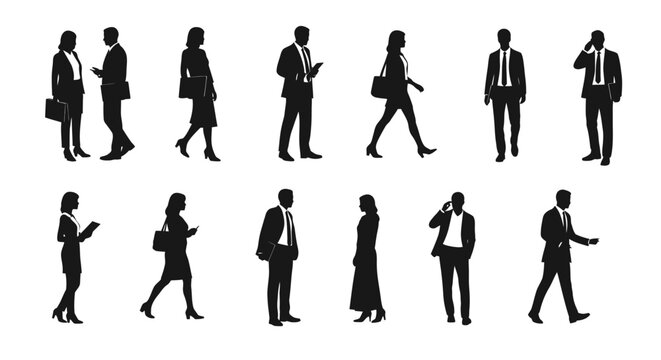 business people and professional silhouettes engaged in various corporate activities and daily routines ideal for illustrating office worker concepts.