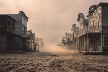 Fototapeta premium Dusty Old Western Town Street Scene with Wooden Buildings and Hazy Atmosphere