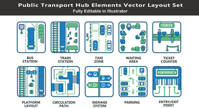 Transport hub vector icons set, top view transit layout symbols, bus station, train platforms, taxi zones, ticket counters, circulation CAD plan