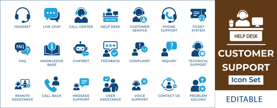Customer support icon set featuring help desk, call center agent, AI chatbot, FAQ, technical assistance, service ticket, feedback, and client communication symbols for business.